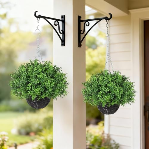 YXZZWL Artificial Boxwood Hanging Basket - 2 Sets with Baskets, Hanging Plants Faux Shrubs, Suitable for Porch, Eaves, Farmhouse, and Garden Decoration for Outdoor UV-Resistant Ornaments