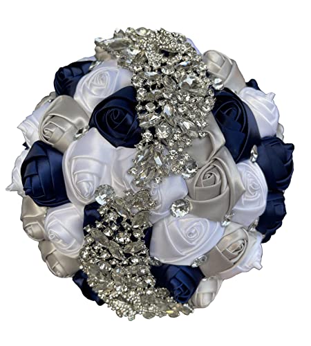 XINNI Brooch Bridal Wedding Bouquet Green Bride Bridesmaids Satin Rose Flower Bouquet with Meteor Shower Shape Rhinestone for Wedding Navy Blue White and Silver - color: Navy+white+silver