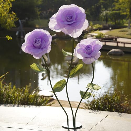 Giant Roses Artificial Flowers for Decoration with Stand,Oversized Handmade Paper Rose Decoration for Wedding, Party, Window Display, Photography Prop, Valentine’s Day & Event Decor(Purple) - color: Purple