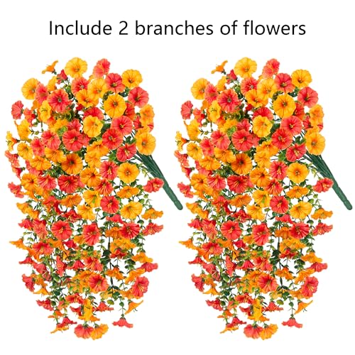Ivydale 2 PCS Artificial Hanging Flowers Fake Plants Outdoor,Silk Morning Glory Faux Flowers with Eucalyptus Leaves,UV Resistant Realistic Hanging Plants for Home Garden Decor (Yellow+Orange) - color: Yellow+orange