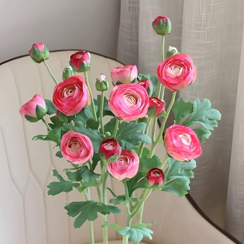 5PCS Artificial Ranunculus Flowers with Silk Flower Real Touch Stem Spray for Home Garden Office Decoration Wedding DIY Arrangements (Rose red) - color: Rose Red