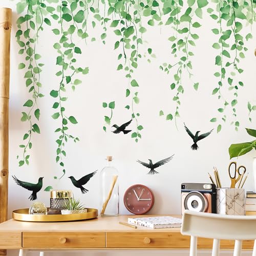 Green Plants Leaves Wall Decals Removable Green Hanging Vines with Birds Wall Stickers Peel and Stick Vinyl Waterproof Leaf Wall Decor for Bedroom Living Room Bathroom Classroom Decorations - style: Green Plants Leaves 3