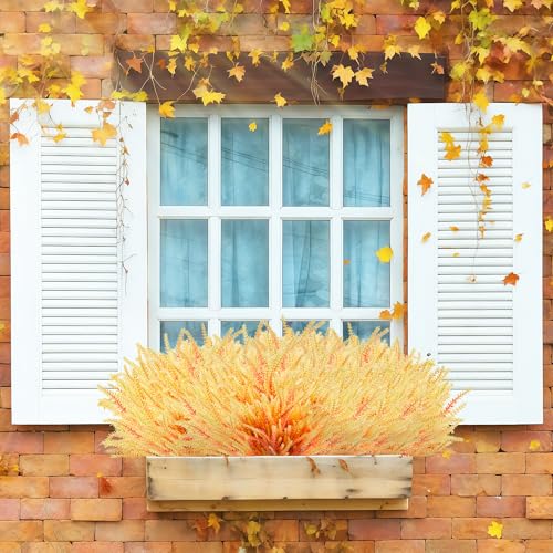 Artificial Fall Flowers Faux Mums for Outdoor, 15 Bundles Fake Flower Lavender UV Resistant Faux Plants No Fade for Front Door Porch Garden Yard Patio Outside Autumn Decor(Orange) - color: Orange