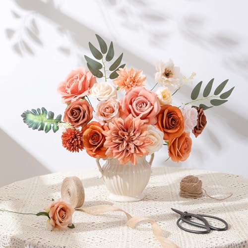 Floweroyal Artificial Flowers Fake Rose Flowers Dahlia with Stems for DIY Wedding Bridal Bouquets, Baby Shower, Floral Arrangement, Table Centerpieces, Home Decorations - color: Nude Color & Pale Coffee