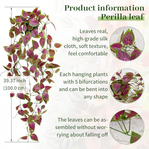 Artificial Hanging Potted Plants, Small Fake Purple Potted Plant Faux Ivy Vine Plant for Shelf Home Office Indoor Outdoor Garden Greenery Decor (Black Pot) - color: Perilla