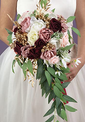 9 Inch Artificial Wedding Bouquets for Bride Bridal Bouquet Bridesmaid Bouquet Tossing Bouquet for Wedding Ceremony Anniversary Bridal Shower(Marsala & Blush) - color: Marsala & Blush