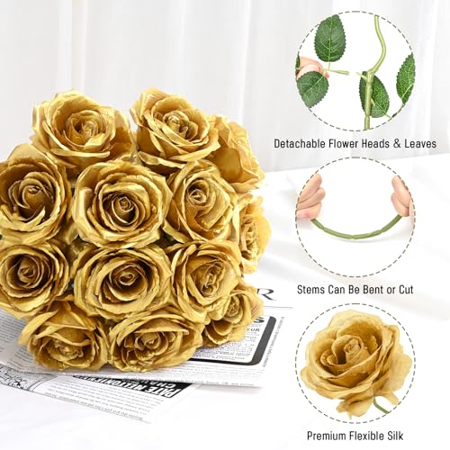 Waipfaru 16 Pcs Fake Gold Roses Artificial Flowers with Long Stems, Rose Bouquet Silk Faux Flowers for Valentines Wedding Party Vase Centerpiece Home Decor (Gold) - color: Gold, size: 16 Pcs