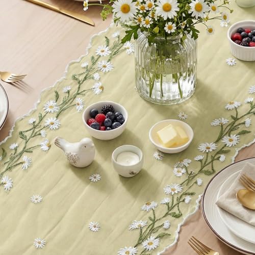 Artoid Mode Daisy Floral Yellow Shaped Gauze Embroidery Table Runner 120 Inch 10FT, Tulle Spring Summer Kitchen Dining Table Decor for Home Party - color: Yellow