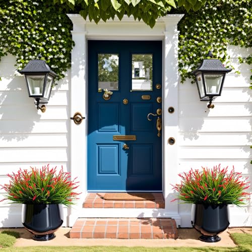 Artificial Faux Plants Flowers for Outdoor Decorations, Fake Monkey Grass for Outside Porch Patio, No Fade Realistic Greenery Plant, UV Resistant Artificial Bush Shrubs for Courtyard Window Garden - color: Red, size: 12 Pcs