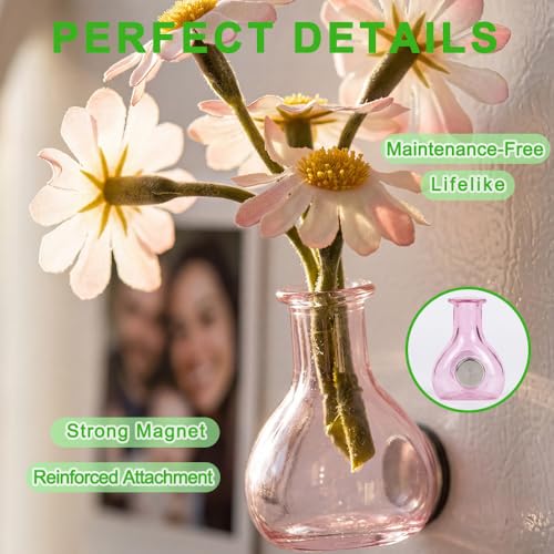 8Pcs Mini Vase Magnets for Fridge with Artificial Flowers Set Strong Magnetic Cute Decorative Bud Vases for Kitchen Office Locker Home Decor Small Flower Vase (Pink) - color: Pink