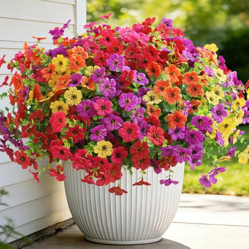 Artificial Flowers for Outdoors, Fake Faux Plants Outside Realistic Spring Summer Decor, UV Resistant Silk Flowers for Home Porch Garden (12, Purple Red Yellow Orange Hot Pink) - color: Purple Red Yellow Orange Hot Pink