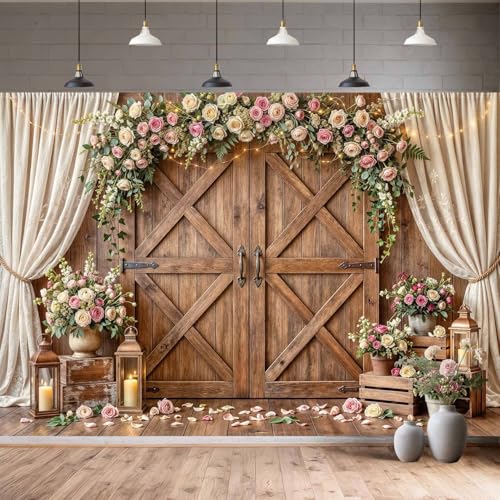 5x3ft Wedding Backdrop Rustic Floral Flower Wooden Wall Backdrop Bridal Baby Shower Ceremony Photography Background Shabby Chic Countryside Western Anniversary Wedding Party Birthday Photo Prop - color: Multi91, size: 5X3FT