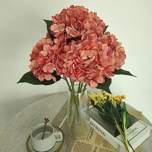 Coral Hydrangea Artificial Flowers,6 Pcs Faux Hydrangea Flowers,Artificial Hydrangeas Flowers with Stems,Fake Hydrangeas, Silk Flowers Color with Stems for Home Decor (6, Coral) - color: Coral