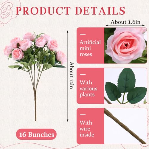 Zeyune 16 Bunches 12 Inch Light Pink Artificial Mini Rose Bouquet, Total 160 Heads Fake Silk Rose Flowers Bulk, Bridal Bouquet for Wedding, Bridal Shower, Home & Office Table Decor - color: Light Pink