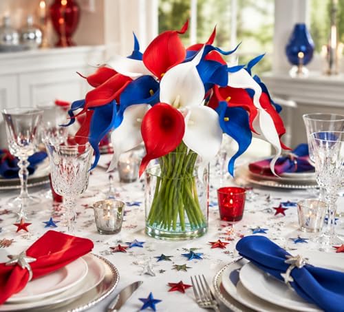 Artificial Calla Lily Flowers, Real Touch Red White and Blue Fake Calla Lilies, Patriotic Floral Centerpieces for 4th of July Decorations, Memorial Day Grave Cemetery Decor (12 Pcs) - color: Independence Day