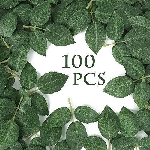 100pcs Bulk Fake Leaves Greenery Leaves Artificial Fake Rose Flower Leaves for DIY Wedding Bouquets Centerpieces Party Decorations - color: 100pcs Green