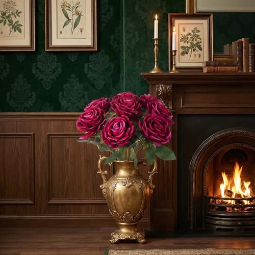 8Pcs Large Velvet Artificial Roses, Realistic Rose Flowers with Long Stems, 25.6 “ Faux Roses for DIY Wedding Bouquet, Valentine's Table Centerpiece, Home Bridal Outdoor Decorations（Purple） - color: Purple