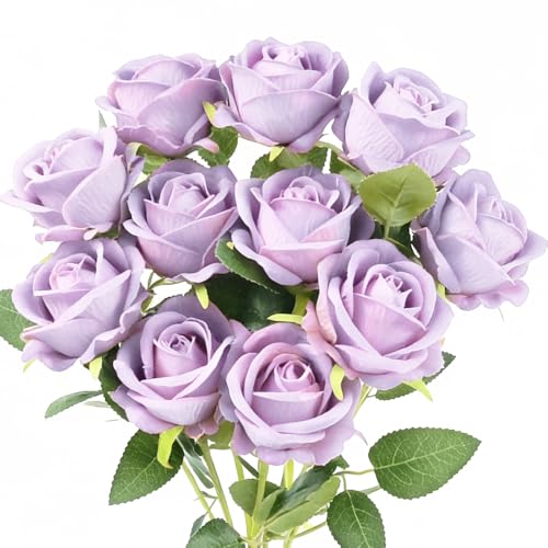 Jasion 12PCS Artificial Roses Realistic Velvet Silk Flowers Long Stem Faux Flowers Bouquet for Wedding Home Party Table Centerpieces Decorations (Light Purple) - color: 12pcs Light Purple