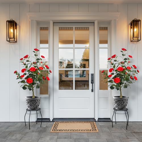 2Pack 35.43" Artificial Camellia Trees with 24 Red Flowers in Cement Pots – Lifelike Fake Trees for Front Porch, Home, Indoor Outdoor Spring Decor, Office or Housewarming Gifts - color: Red, size: 35.43 inchx2