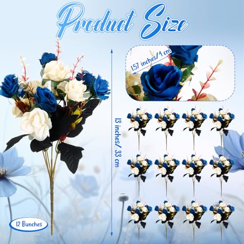 Hotop 12 Bunches of Artificial Flowers Centerpiece 13 Inches Silk Fake Roses Bouquets for Table Decoration Faux Arrangement Flowers for Wedding Cemetery Memorial Day (Dark Blue) - color: Dark Blue
