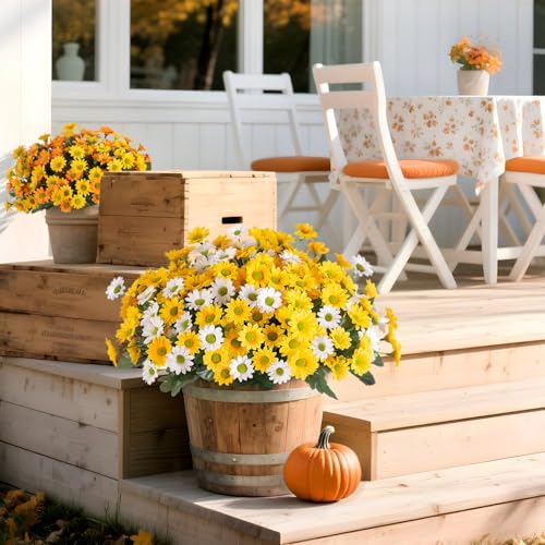 Ammyoo Fake Mums Artificial Flowers for Outdoor Decoration, 6 Bundles Faux Silk Daisy Flowers Realistic UV Resistant No Fade Fake Plants for Home Patio Porch Garden Window Box Decor(Yellow White) - color: Yellow White