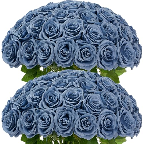 50Pcs Dusty Blue Roses Artificial Flowers Artificial Silk Roses Bulk,Fake Roses Flower with Stems Realistic Flowers for Wedding Centerpiece Home Party Decor - color: 50pcs Dusty Blue