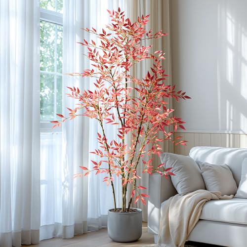 6ft Faux Bamboo Tree Artificial Nandina Tree Artificial Indoor Plants Realistic Fake Potted Tree with 800+ Leaves, Cement Planter - Home Office Decor Perfect for Housewarming Gift Non-Toxic - color: Red, size: 6ft