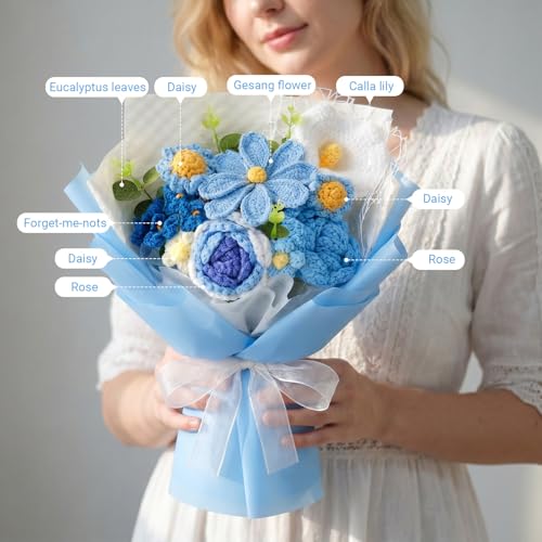 Crochet Flower Bouquet, Blue Handmade Knitted Flowers with Lights & Vase, Crochet Galsang Rose Daisy Flower for Mothers Day Graduation Wedding Lover Teacher Anniversary Birthday Gift (with Card & Bag) - color: Blue