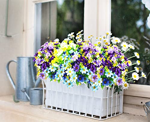 Artificial Daisy Flowers 6 Bundles, UV Resistant Fake Silk Flowers, No Fade Greenery Shrubs Plants for Garden Farmhouse Porch Wedding Indoor Outdoor Home Decor (Green White, Blue & Dark Purple) - color: Green White, Blue & Dark Purple