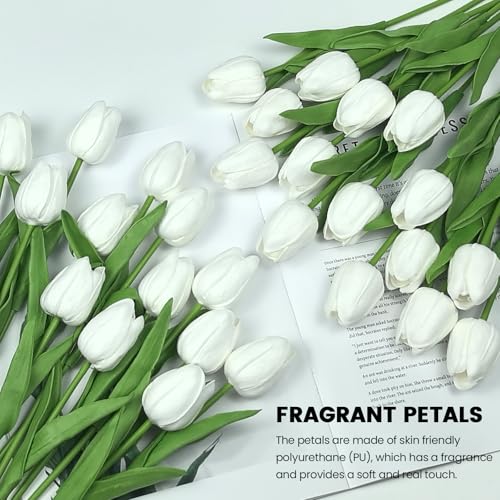 30 PCS Artificial Tulips Real Touch Tulips 13.5inch Long Stem Fake Flowers Silk Flowers for Spring Easter Mother's Day Decorations（White） - color: White