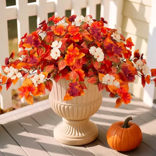 INXUGAO Fake Fall Flowers Artificial for Decoration 2PCS Faux Silk Fall Flowers Plants for Outdoors Outside Planters UV Resistant Looks Real for Front Door Porch Patio Garden Decor - color: Y2-orange Red White