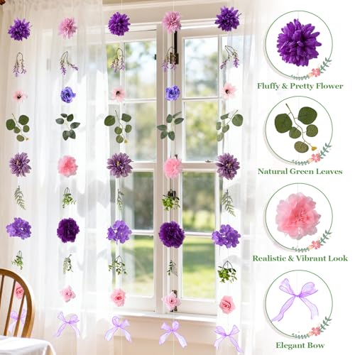 Livole 6Pcs 36Ft Hanging Flower Garland with Bow Wildflower Garlands Backdrop Silk Artificial Fake Floral Vines for Wedding Bridal Party Birthday Arch Wall Home Garden Decor(Purple) - color: Pinkish Purple, size: 6Pcs