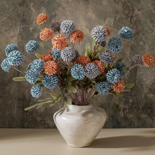 9pcs Fake Flowers Silk Mini Mums with Stems, Blue & Orange Faux Chrysanthemum Pompon Balls Artificial Flower Bulk for DIY Wedding Centerpieces, Vase Fillers, Floral Arrangement & Home Decor - color: Dusty Blue & Burnt Orange