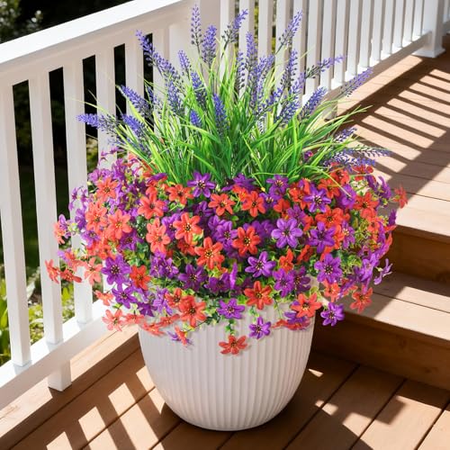 Artificial Flowers for Outdoors UV Resistant, 14 Bundles Fake Flowers Daisy with Lavender Faux Outdoor Plants Silk Flower for Outside Planters Patio Porch Window Garden Yard Spring Summer Decoration - color: Fuchia Red