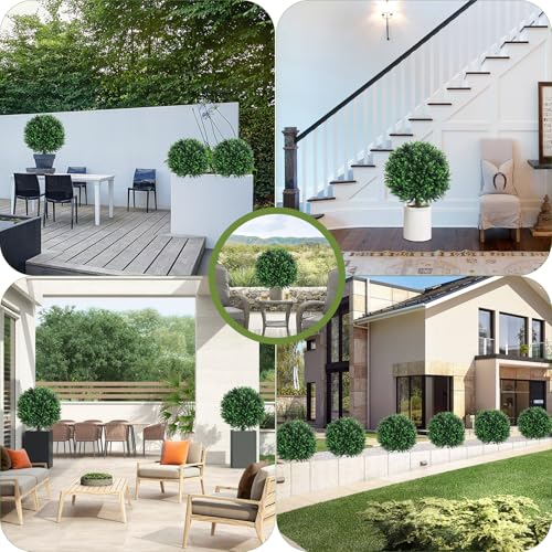 2PCS Faux Boxwood Plants Outdoor Artificial Topiary Ball Trees | Fake Eucalyptus Bush & Shrub / UV Resistant / No Fade / Sturdy Build / No Maintenance / with Spike / Front Porch Decor - color: Eucalyptus