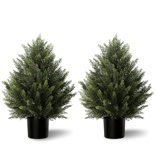 Vitalismo Artificial Topiary Cedar Trees 2FT Tall 2 Set, Outdoor Indoor Faux Pine Shrubs Plants, Realistic Fake Plants Front Porch Decor, Artificial Bushes Cypress for Home Front Door Offices - color: Cedar, size: 2ft