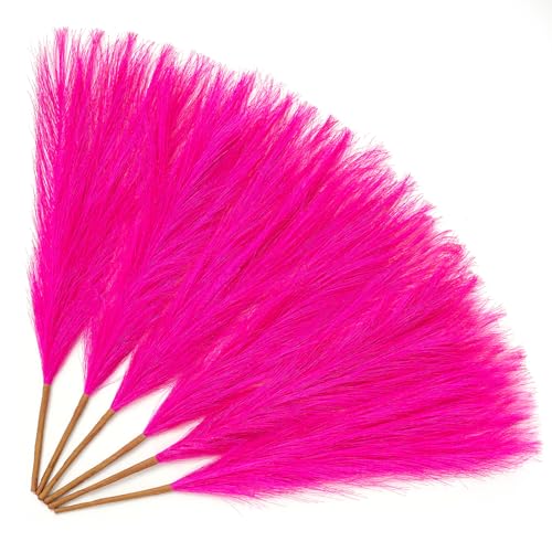 Serwalin Bright Hot Pink Pampas Grass Decor, 17.7 Inch 6Pcs Faux Pampas Grass, Artificial Pampas Grass for Wedding Table Centerpieces Decoration - color: A Bright Hot Pink, size: 17 Inch 6 Pcs