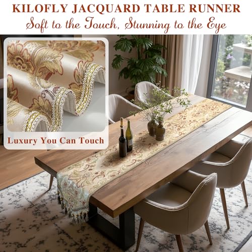 kilofly Elegant Floral Brocade Jacquard Table Runner Tassels (96 x 12 inches) - color: Khaki, size: 96*12 inch