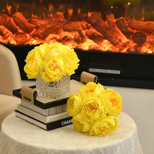 Artificial Peony Silk Flower Centerpieces with LED Light Faux Floral Arrangement in Glass Vase for Home Wedding Table Decoration (Yellow) - color: Light-yellow