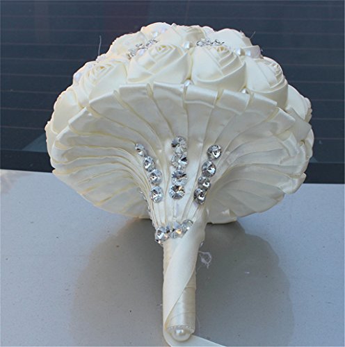 S_SSOY Wedding Bouquet Bride Bridal Brooch Bouquets Bridesmaid Bouquet Diamond Pearl Ribbon Valentine's Day Confession Party Church with Free Corsage Flower, Ivory White - color: Ivory White