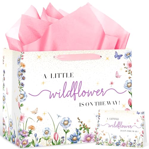 LUUFILx Wildflower Gift Bag for Baby Girls Watercolor A Little Wildflower is On The Way Gift Bag with Wrapping Paper Card Colorful Floral Butterfly Paper Bag for Baby Shower Birthday Party Supplies