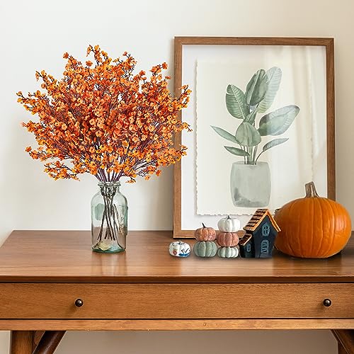 Sggvecsy 15 Pcs Babys Breath Artificial Flowers Gypsophila Bouquets Bulk Real Touch Fake Silk Flowers for Home DIY Floral Arrangement Table Centerpiece Fall Autumn Decoration (Fall Orange) - color: Fall Orange, size: 15Pcs