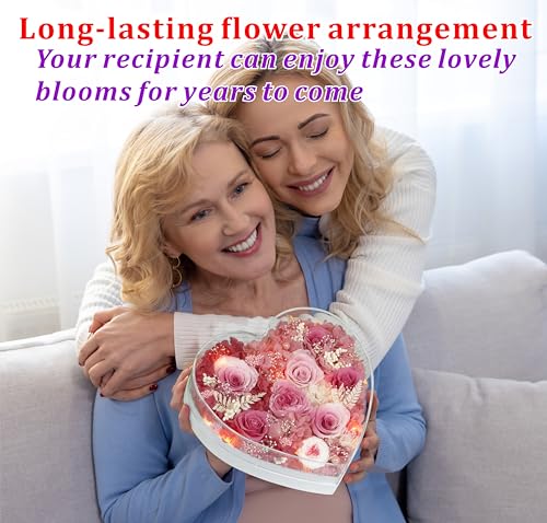 Valley of Rain & Forest Long-Lasting Real Flowers, "Sweet" Preserved Floral Gift With Lights For you to send Love for All Occasions, for Indoor Decoration (Pink & White Roses Arrangement) - color: Pink & White Roses Arrangement