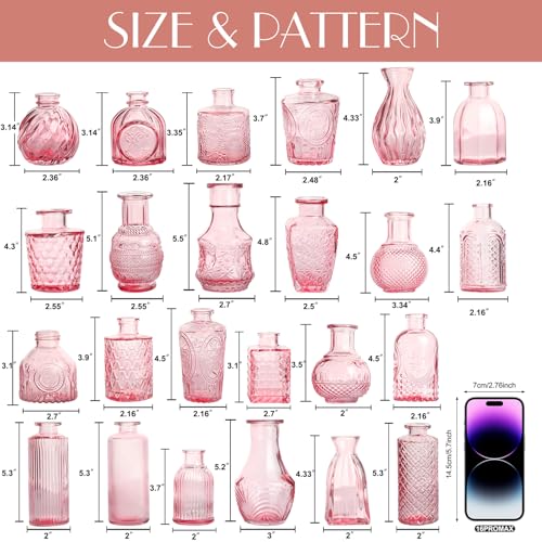 Petal Petite Small Pink Glass Bud Vase Set of 24 for Wedding Centerpieces | Pink Glass Vase, Mini Bud Vases in Bulk, Vintage Flower Vase Set for Single Stem, Home and Office Decor - color: Pink