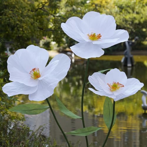 Large Paper Artificial Flowers,Giant Flowers for Decoration,Huge Handcrafted Poppy Fake Flowers with Stand for Home Decor Bridal Shower Party Outdoors Yard Event Backdrop Decor (White) - color: White
