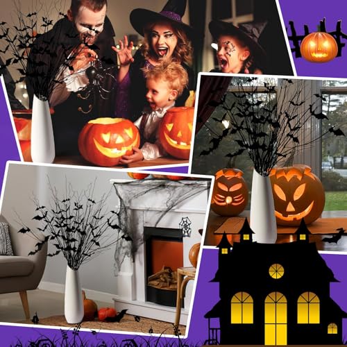 JUNEBRUSHS 8Pcs Curly Willow Branches with 36Pcs Halloween Bat Stickers | 29.5 Inch, Artificial Bendable Stems Black Branches, Halloween Wreath Home Party Decorations