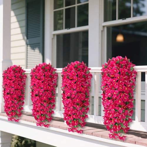 Artificial Bougainvillea Flowers Plants for Outdoors Decoration, 2 Pcs Faux Silk Flowers Long Trailing Fake Vines for Front Door Porch Planter Balcony Patio Summer Spring Home Decor, Hotpink - color: Hotpink