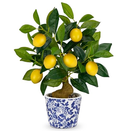 Artificial Potted Plants, 15.7 inches Small Fake Lemon Tree Artificial Lemons Citrus Tree with Blue and White Pot Faux Potted Plants Indoor Lemon Decorations for Home, Office, Living Room Table, Desk - style: French Country