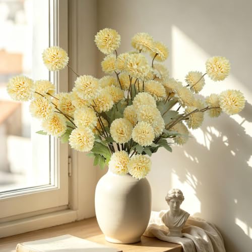 INQCMY Artificial Flowers 12 Pcs Fake Chrysanthemums Faux Kiku Yellow Flowers Long Stem 20" Realistic Silk Pompon Mums for Vase Wedding Bouquets Centerpieces Home Decor - color: Yellow