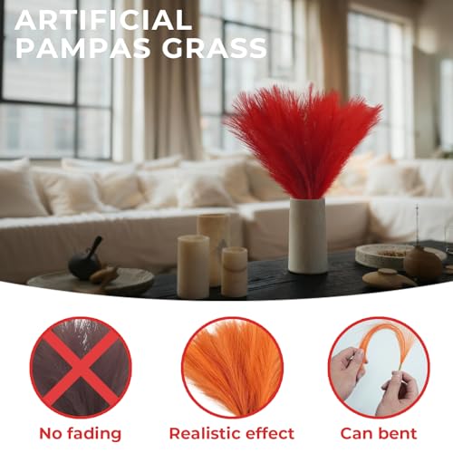 40pcs Red Artificial Pampas Grass 21.6" Faux Dried Flowers Pompas Grass Bouquet Flower Arrangement and Vase Filler for Gothic Room Decoration Wedding Party Boho Home Decor - color: Red